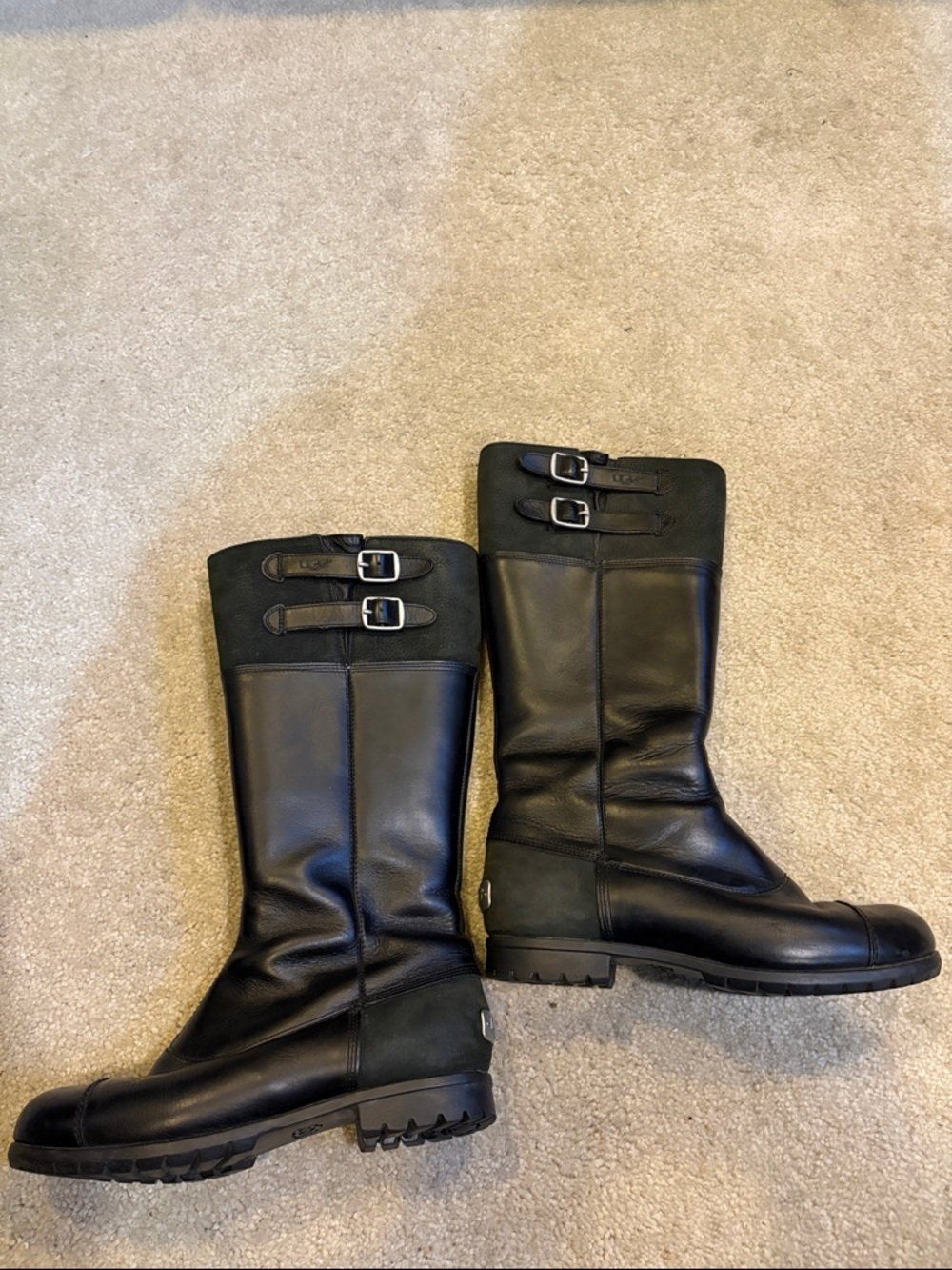 UGG Black Leather Mid-Calf Buckle Heeled Boots with Green Suede Fur Lined-Size 7